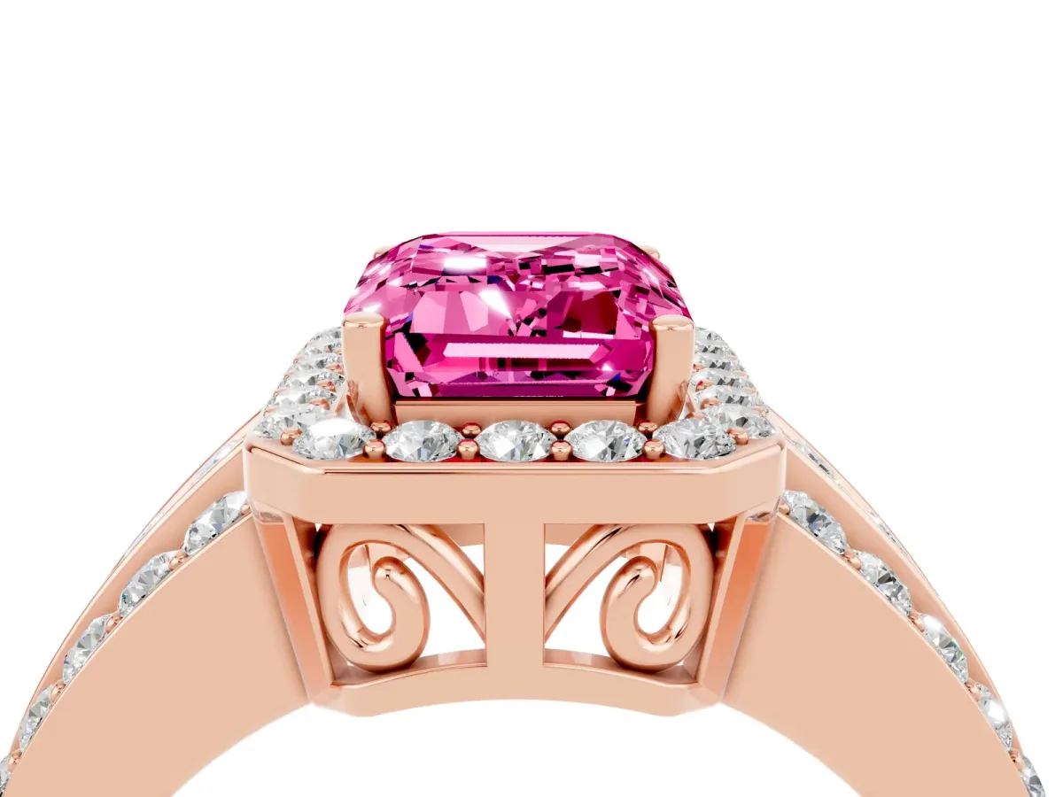 Emerald Cut Halo Pink Sapphire Ring with Round Split Shank and Prong Setting Rose gold
