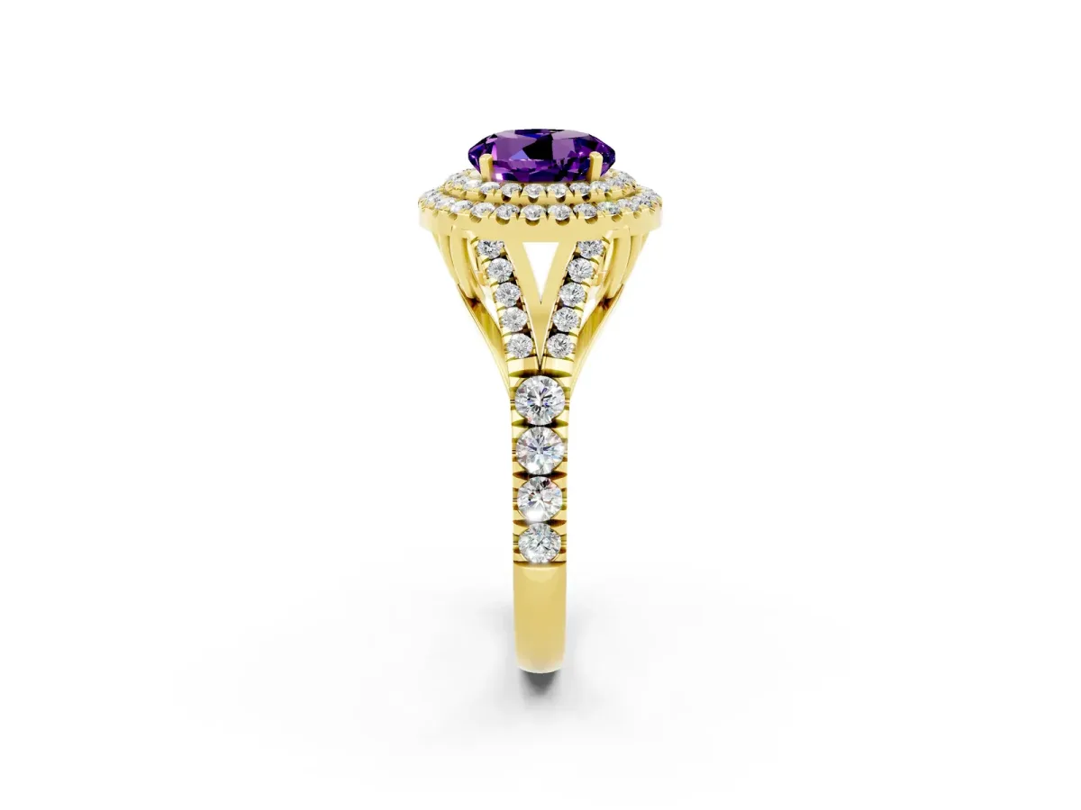 Round Cut Amethyst Double Halo Ring with Split Shank and Prong Setting Yellow gold