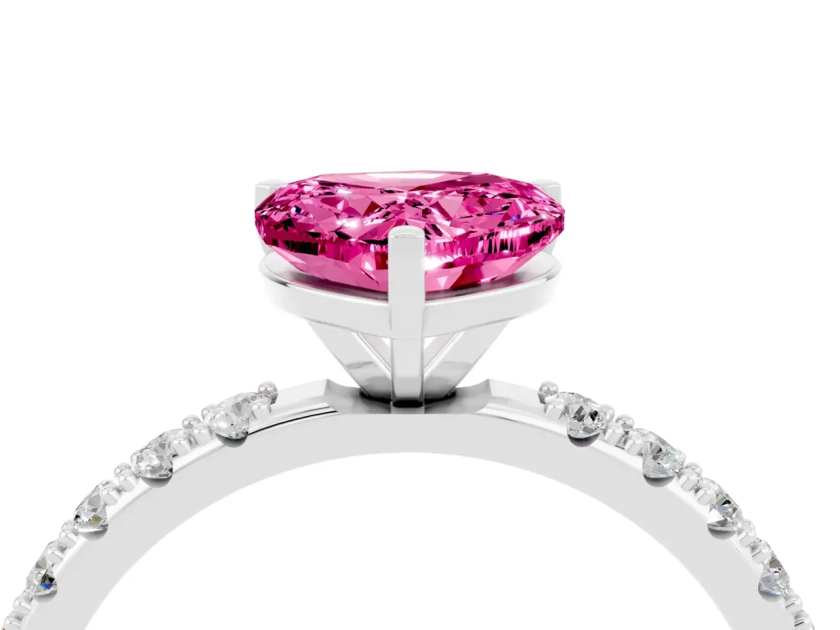 Heart Cut Pink Sapphire Solitaire Pavé Band with Four-Prong Setting Silver