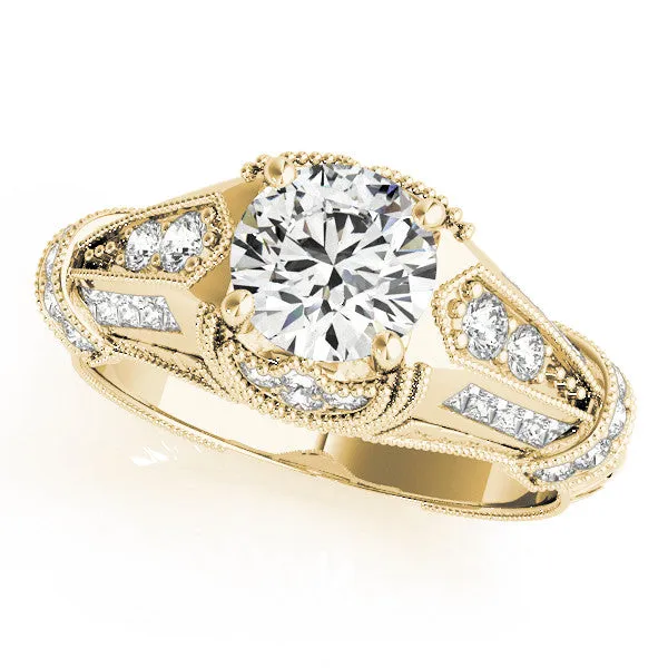 Vintage Milgrain Round Cut Diamond Split Shank Ring with Prong Setting Yellow gold