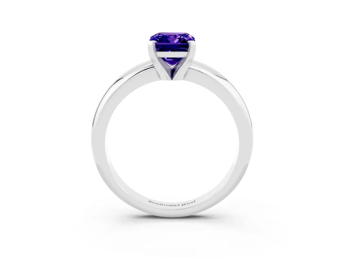 Emerald Cut Tanzanite Solitaire Engagement Ring with Round Band and Four-Prong Setting Silver