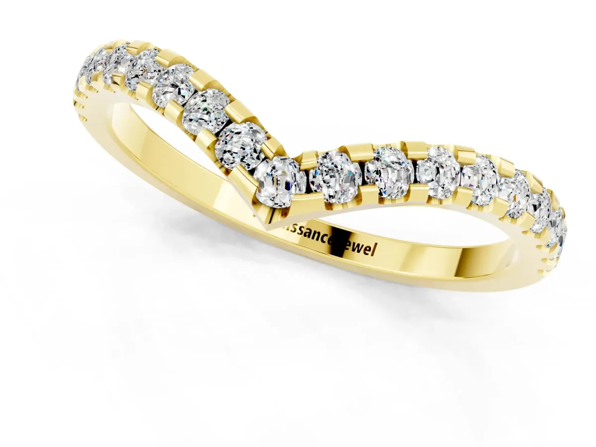 Pavé Round Moissanite Chevron Band with Shared Prong Setting Yellow gold
