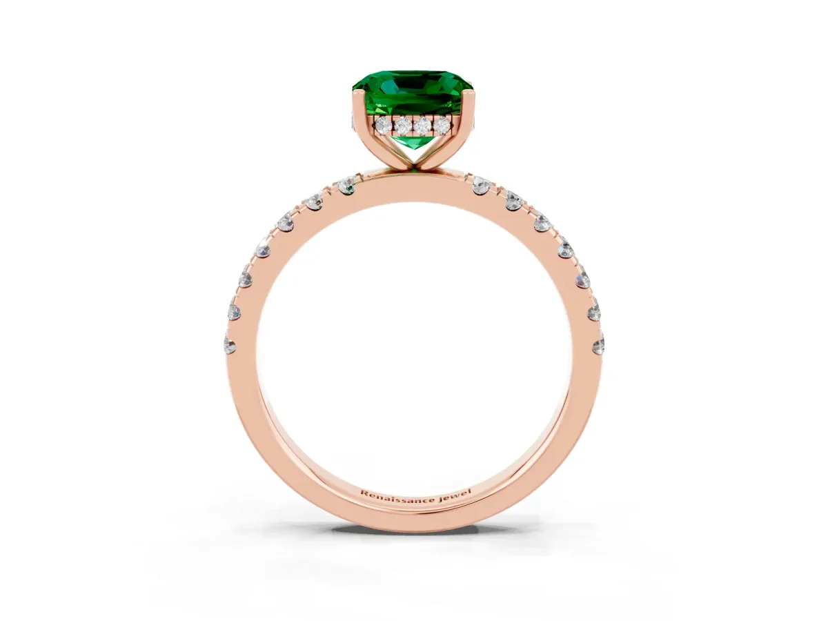 Cushion Cut Emerald Pave Band Solitaire Ring with Round and Prong Setting Rose gold