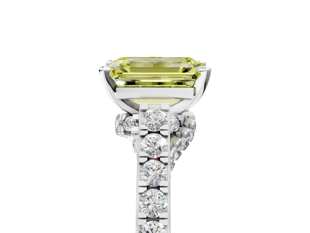 Fancy Yellow Emerald Cut Diamond Solitaire Ring with Crossover Gallery and Round Pavé Band Silver