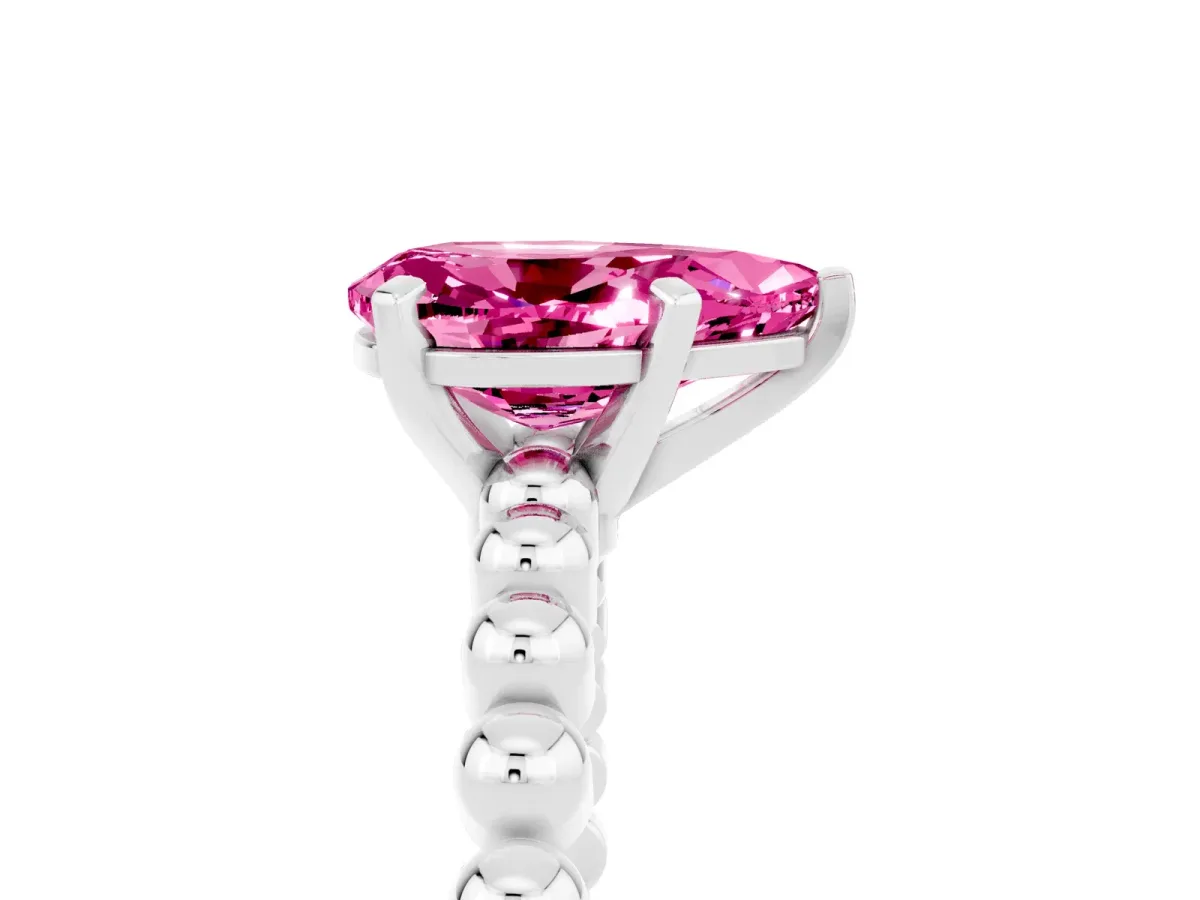 Pear Cut Pink Sapphire Solitaire Ring with Beaded Band and Prong Setting Silver