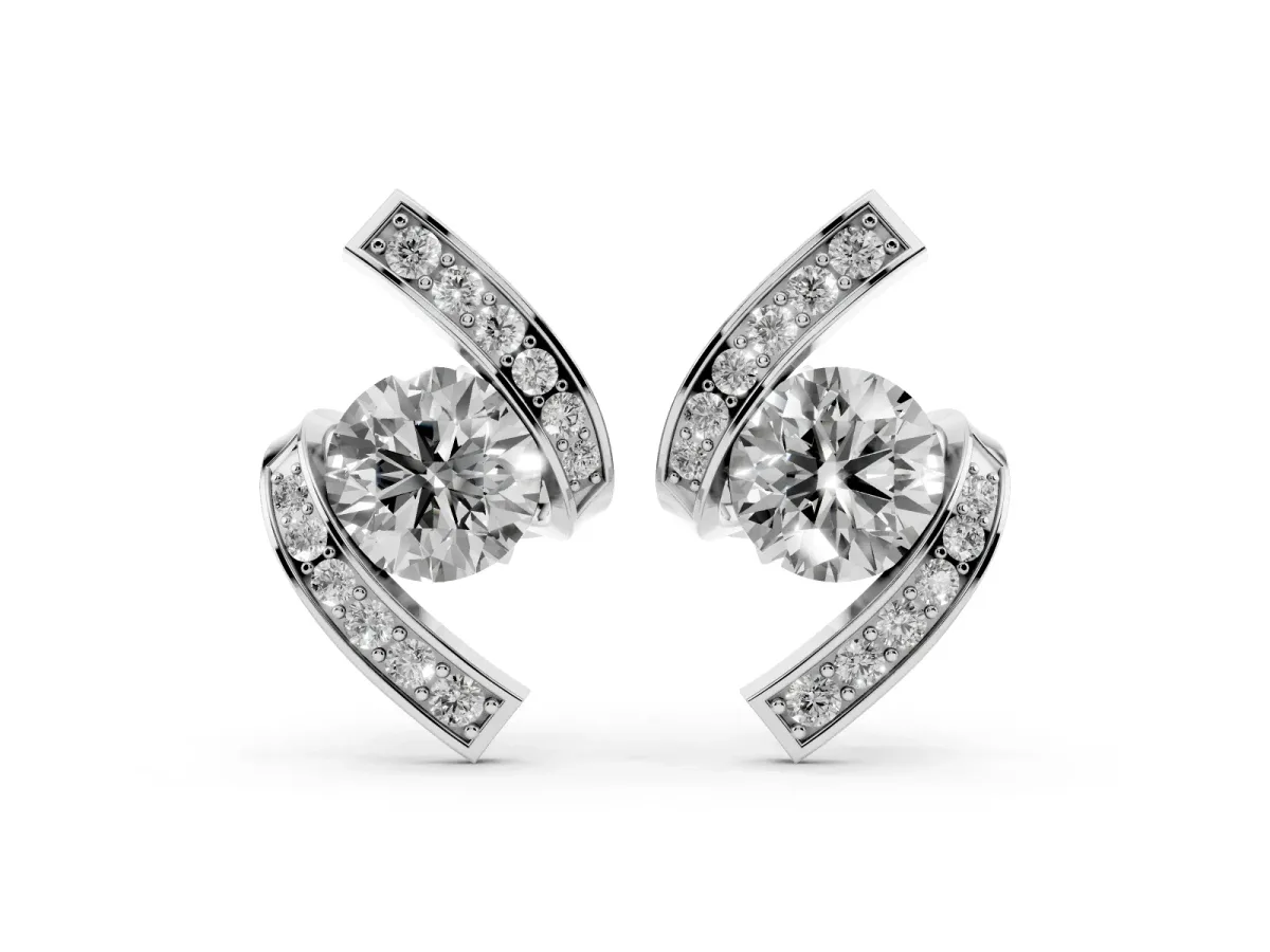 Round Diamond Curve Wave Stud Earrings Platinum
