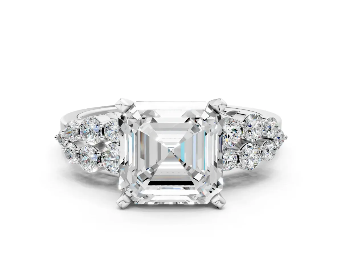 Asscher Cut Cluster Diamond Engagement Ring with Pavé Band and Four-Prong Setting Platinum