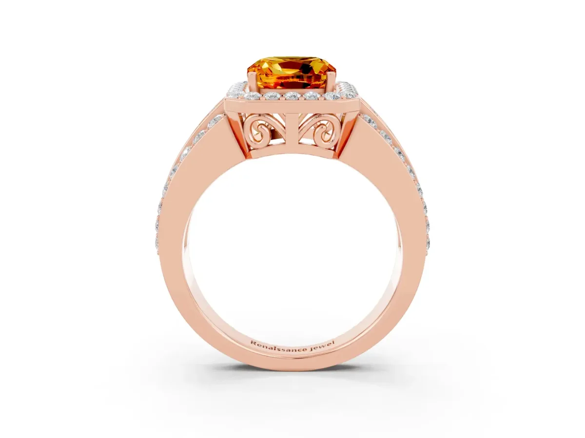 Cushion Cut Halo Citrine Ring with Round Split Shank and Prong Setting Rose gold