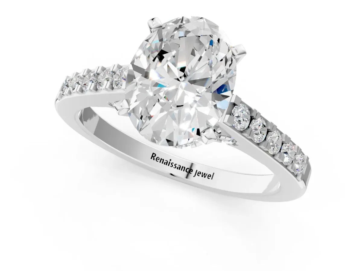 Oval Cut Diamond Solitaire Ring with Crossover Gallery and Round Pavé Band Silver