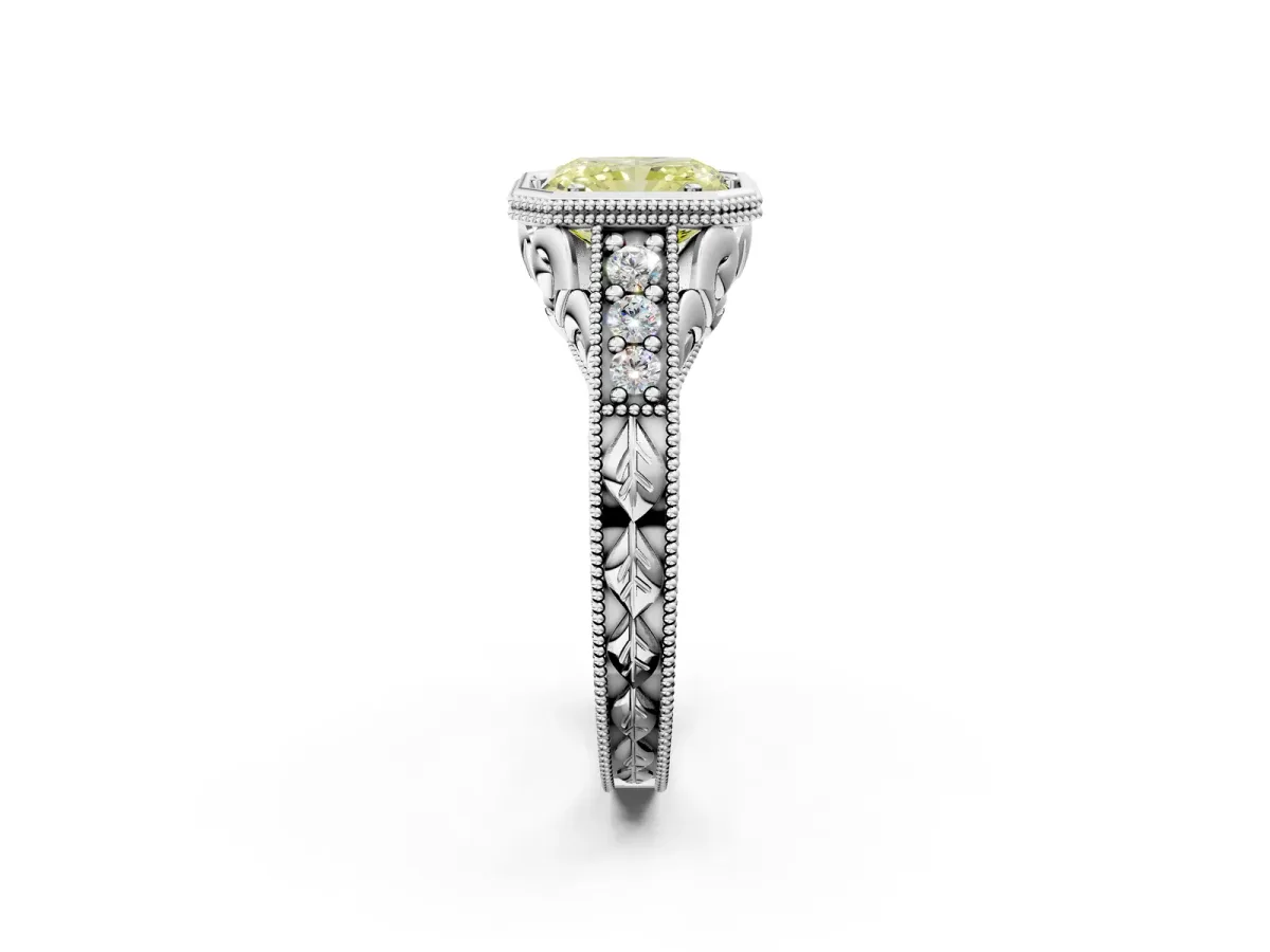 Fancy Yellow Bezel Set Radiant Cut Diamond Milgrain Pave Engagement Ring Platinum