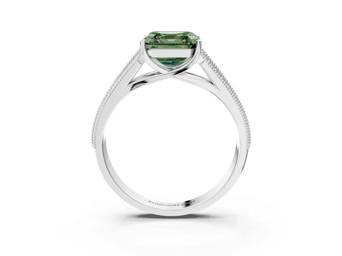 Fancy Green Asscher Cut Cut Pave Split Shank Engagement Ring with Four-Prong Setting Platinum