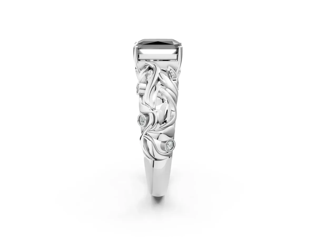 Fancy Black Radiant Cut Solitaire Diamond Leaf-Inspired Vine Band Ring with Prong Setting Platinum