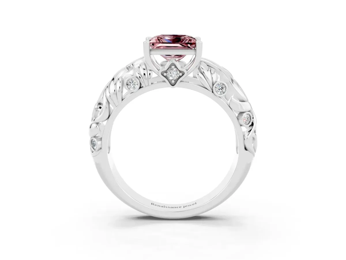 Princess Cut Solitaire Morganite Leaf-Inspired Vine Band Ring with Prong Setting White gold