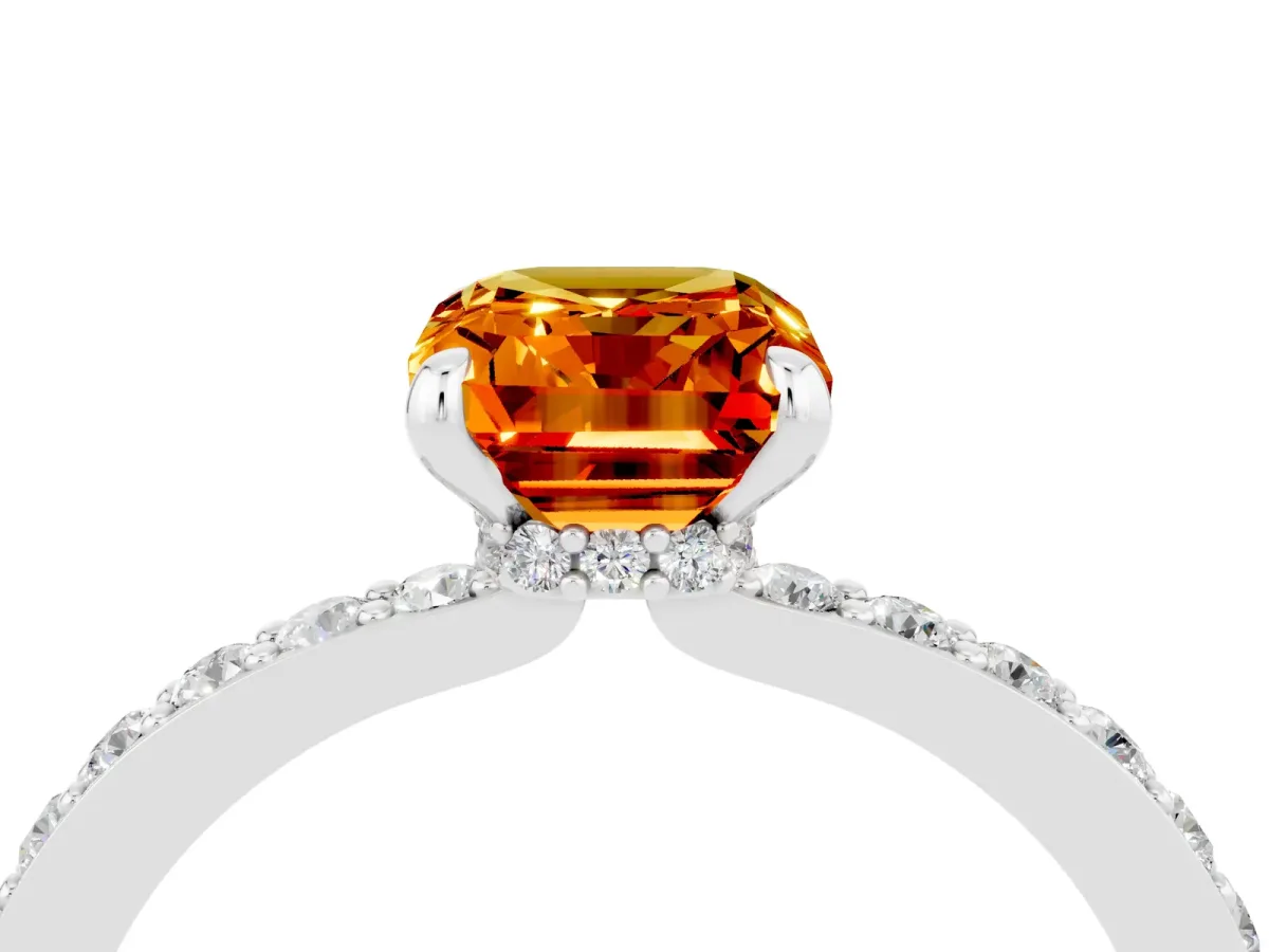 Emerald Cut Citrine Solitaire Engagement Ring with Pavé Band and Four-Prong Setting Silver