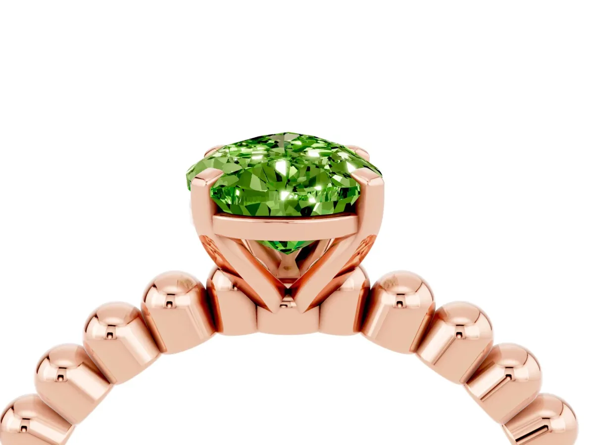 Pear Cut Peridot Solitaire Ring with Beaded Band and Prong Setting Rose gold