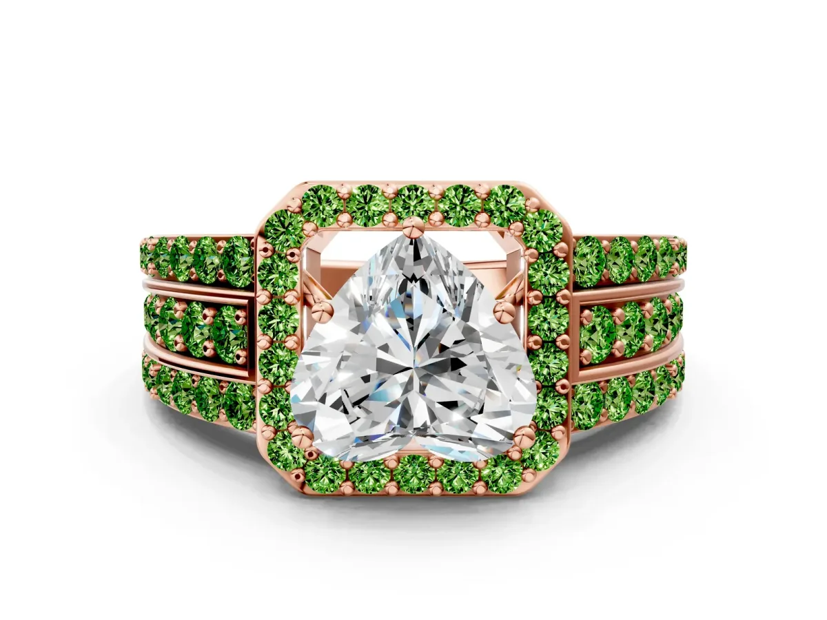 Heart Cut Halo Diamond Ring with Round Peridot Split Shank and Prong Setting Rose gold