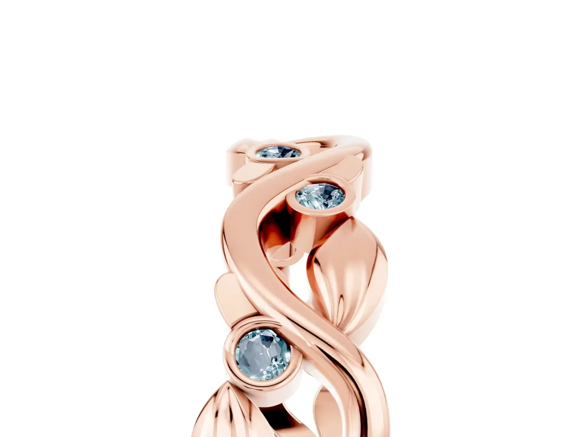 Round Aquamarine Leaf Eternity Band with Bezel Setting Rose gold