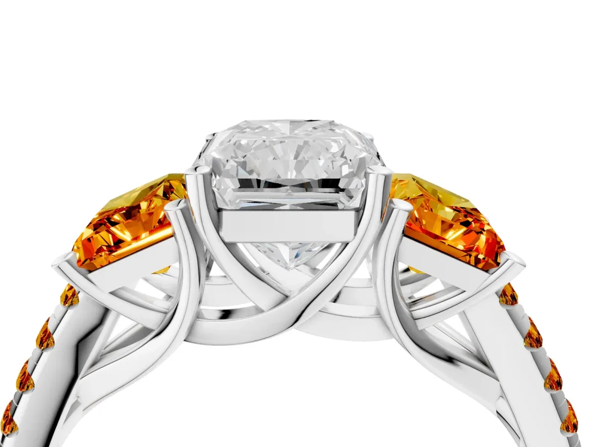 Three-Stone Radiant Cut Diamond Ring with Round Citrine Pavé Band and Prong Setting Silver