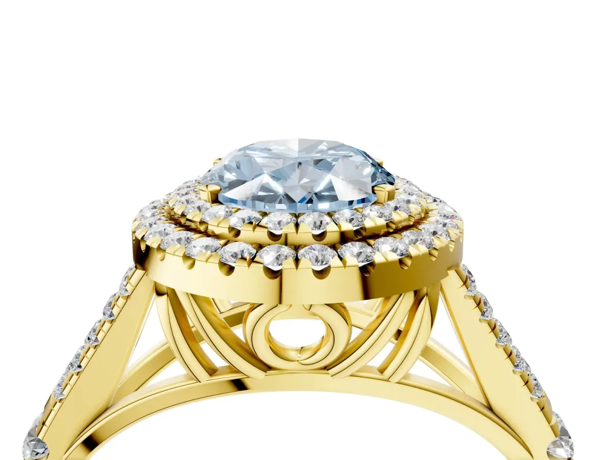 Fancy Blue Double Halo Oval Cut Diamond Split Shank Engagement Ring with Four-Prong Setting Yellow gold