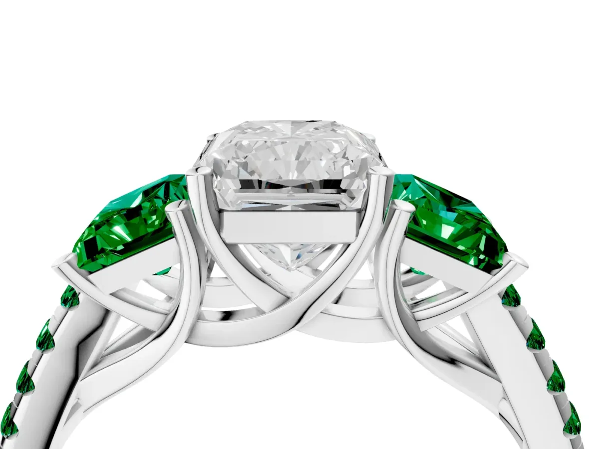 Three-Stone Radiant Cut Diamond Ring with Round Emerald Pavé Band and Prong Setting Platinum
