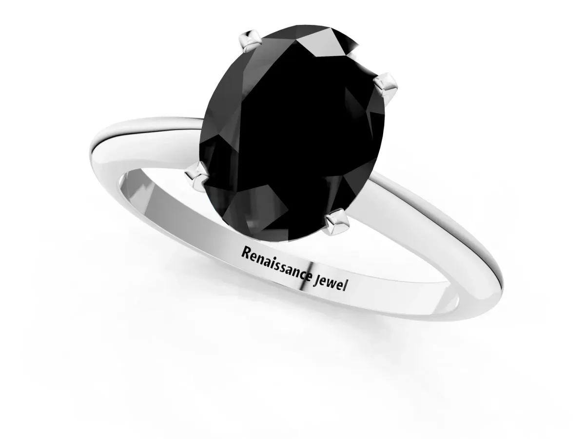 Fancy Black Oval Cut Diamond Solitaire Engagement Ring with Classic Band and Four-Prong Setting Silver