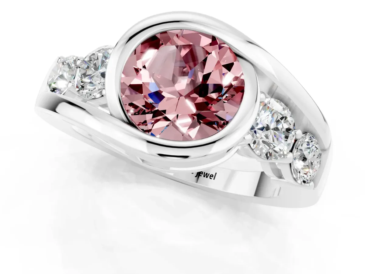 Bezel Set Round Cut Morganite Bypass Ring with Round Accents Platinum