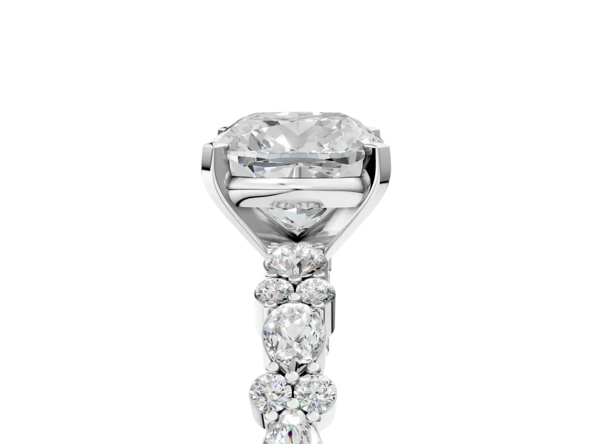 Cushion Cut Diamond Side Stone Solitaire Ring with Round Moissanite and Four-Prong Setting Platinum