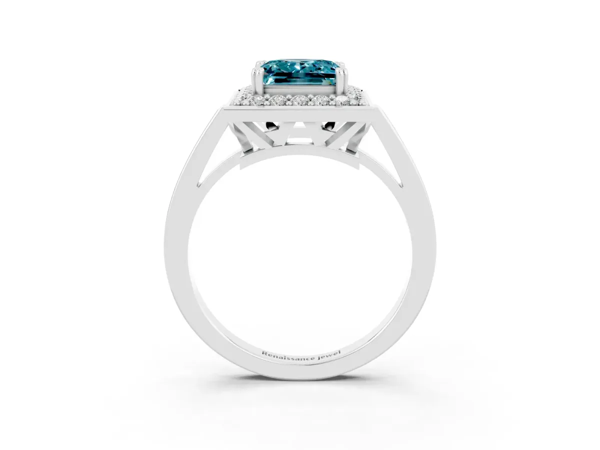 Princess Cut Blue Topaz Halo Ring with Split Shank and Four-Prong Setting Platinum