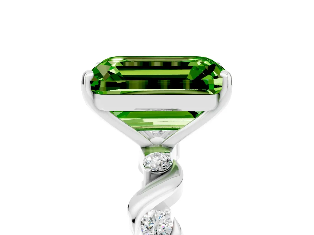 Emerald Cut Peridot Solitaire Twisted Band with Round Accents and Prong Setting Silver