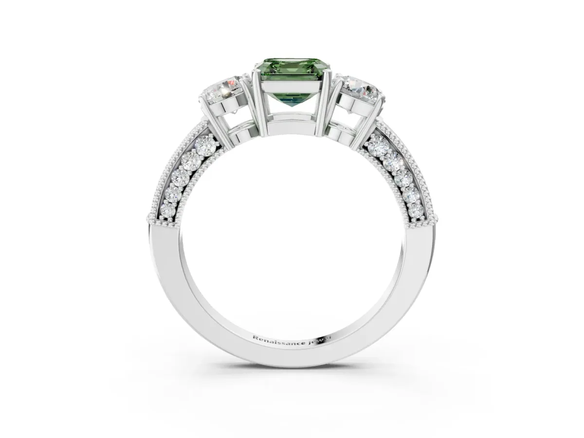 Fancy Green Asscher Cut Three-Stone Diamond Ring with Pavé Band and Four-Prong Setting Platinum