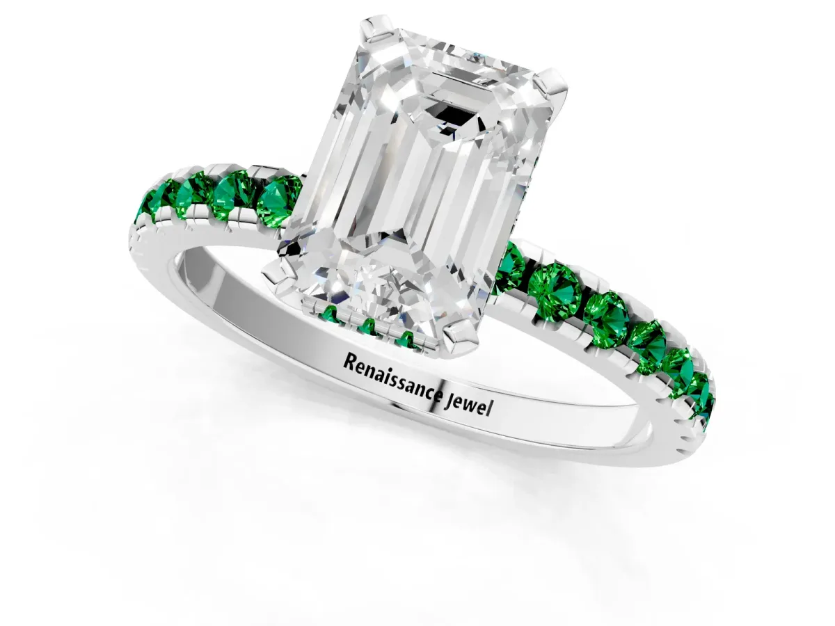 Emerald Cut Diamond Solitaire Ring with Round Emerald Pavé Band and Four-Prong Setting Silver