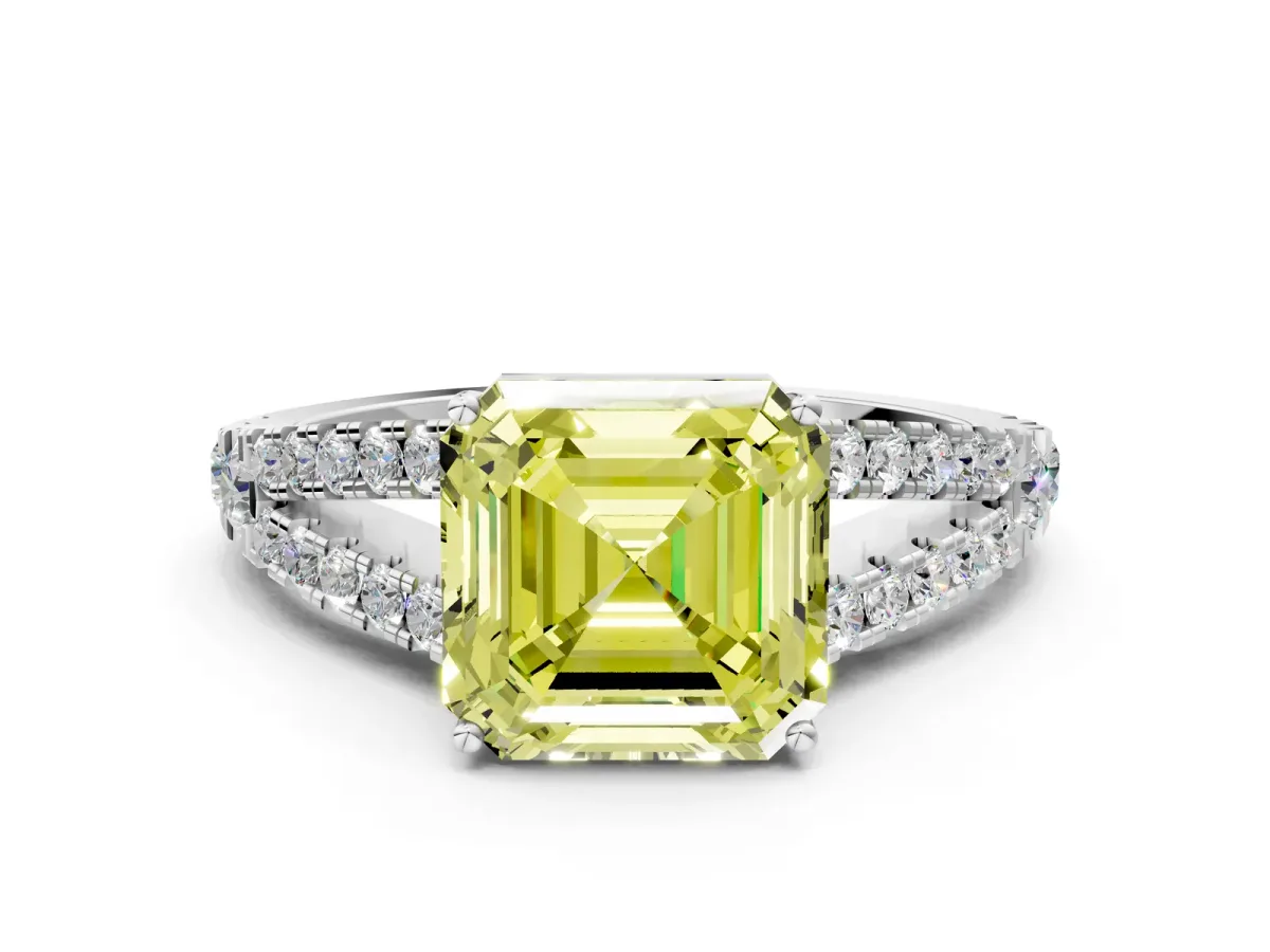 Fancy Yellow Asscher Cut Diamond Split Shank Engagement Ring with Round Pavé and Prong Setting Platinum