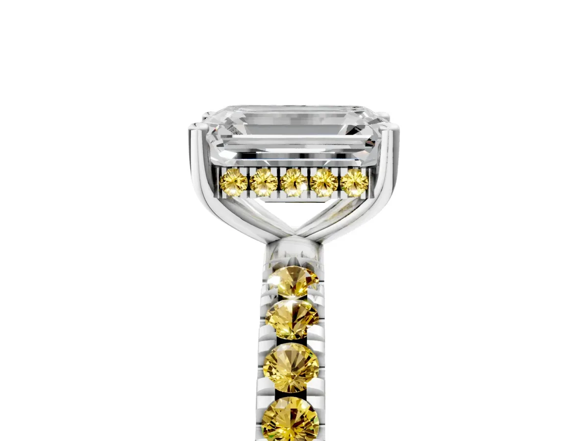 Emerald Cut Diamond Pave Band Solitaire Ring with Round Yellow Sapphire and Prong Setting Silver