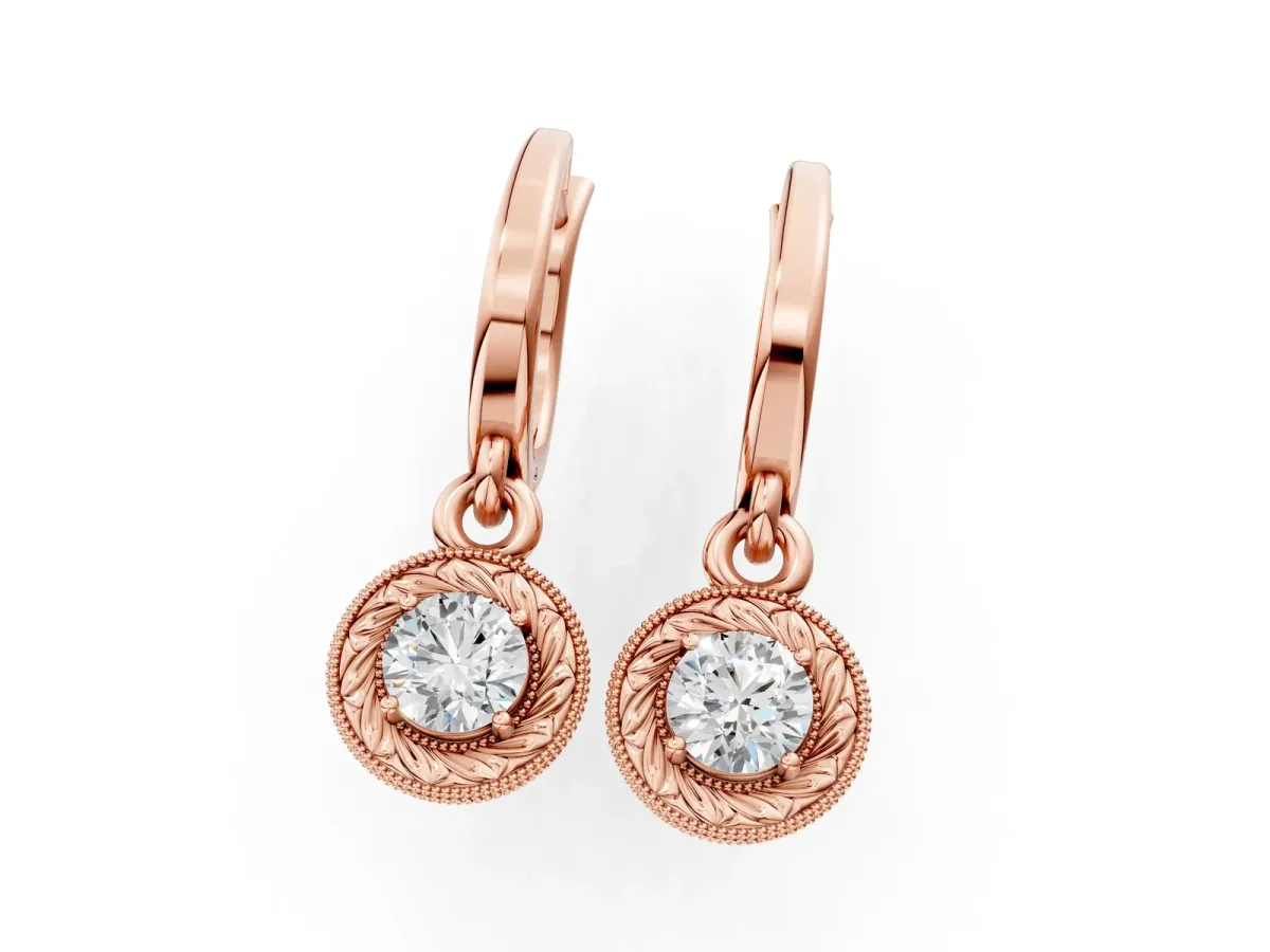 Round Cut Milgrain Bezel Set Leverback Earrings Rose gold