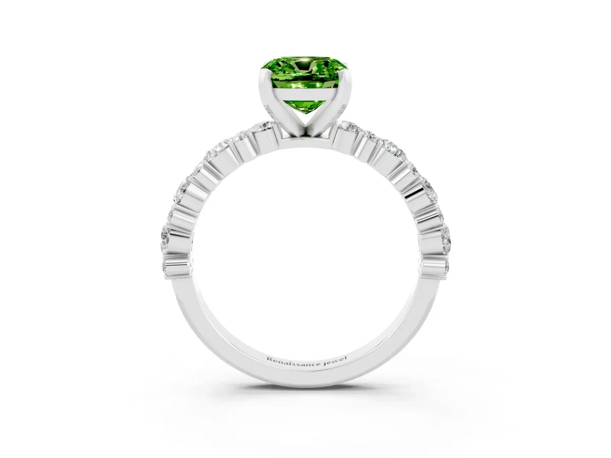Cushion Cut Peridot Side Stone Solitaire Ring with Round and Four-Prong Setting White gold