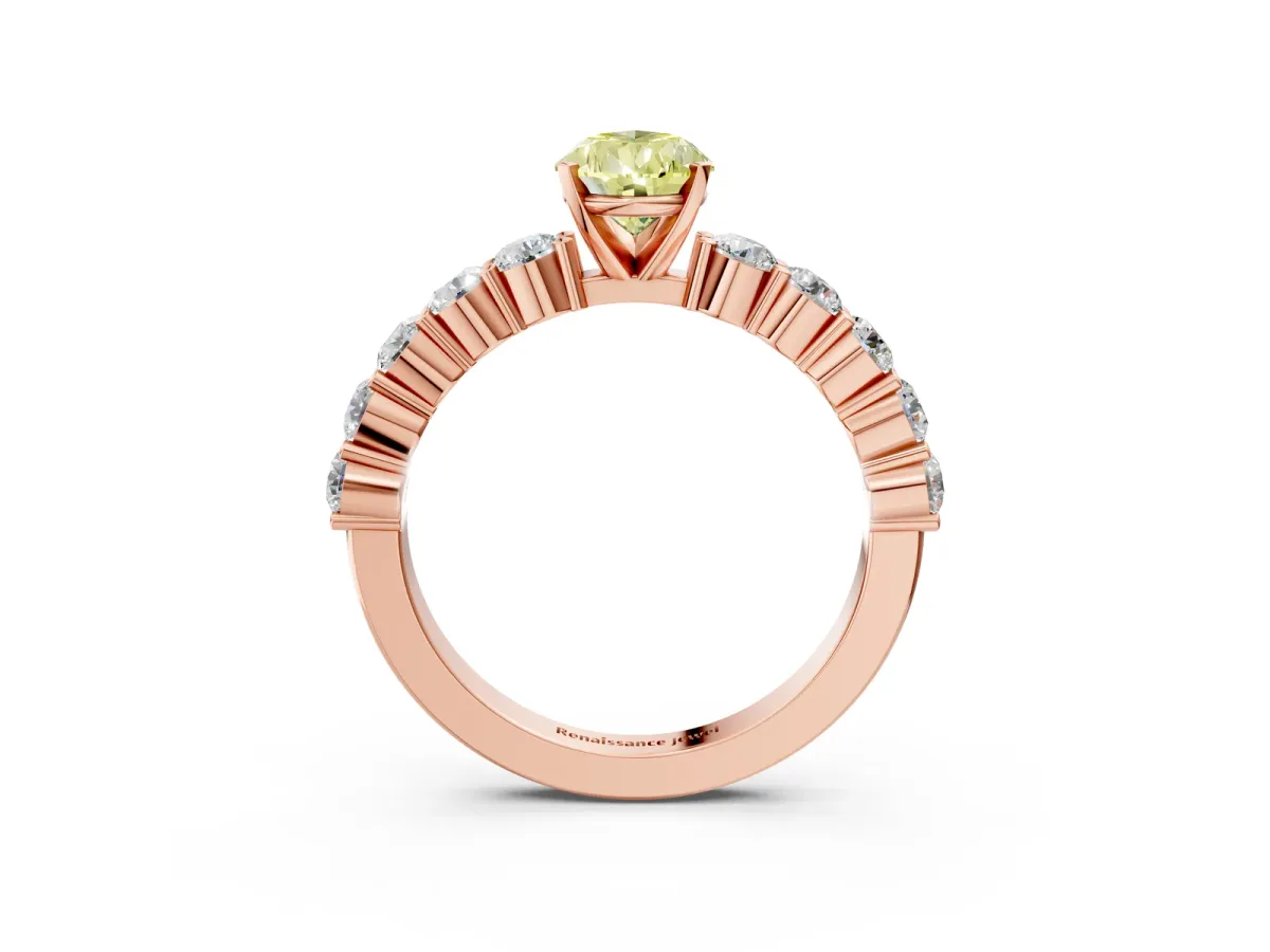 Fancy Yellow Pear Cut Diamond Solitaire Ring with Shared Prong Round Side Stones Rose gold