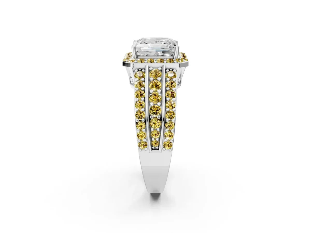 Princess Cut Halo Diamond Ring with Round Yellow Sapphire Split Shank and Prong Setting Silver