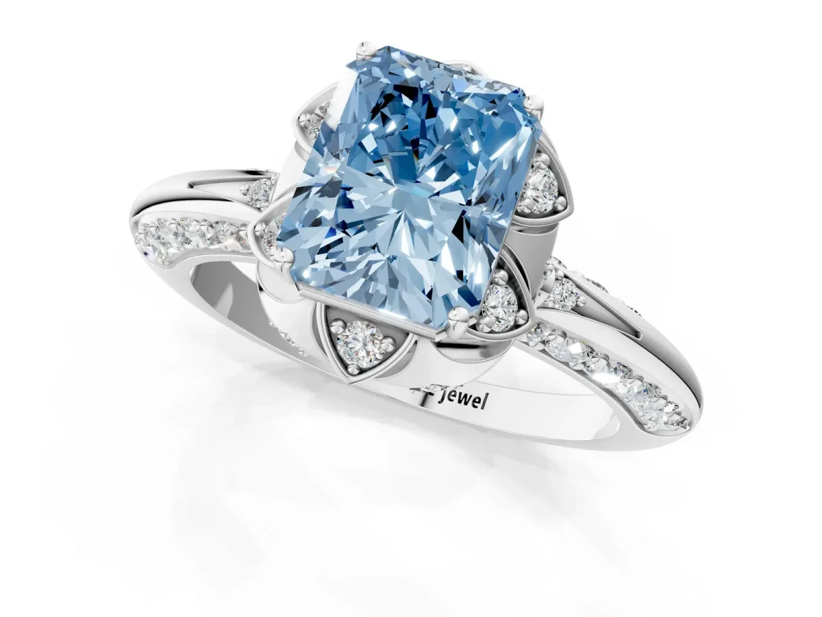 Fancy Blue Radiant Cut Halo Split Shank Pave Diamond Ring with Petal Prong Setting Platinum