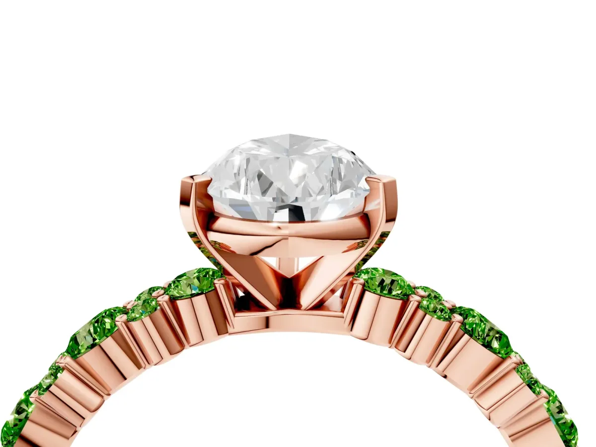 Pear Cut Diamond Side Stone Solitaire Ring with Round Peridot and Four-Prong Setting Rose gold