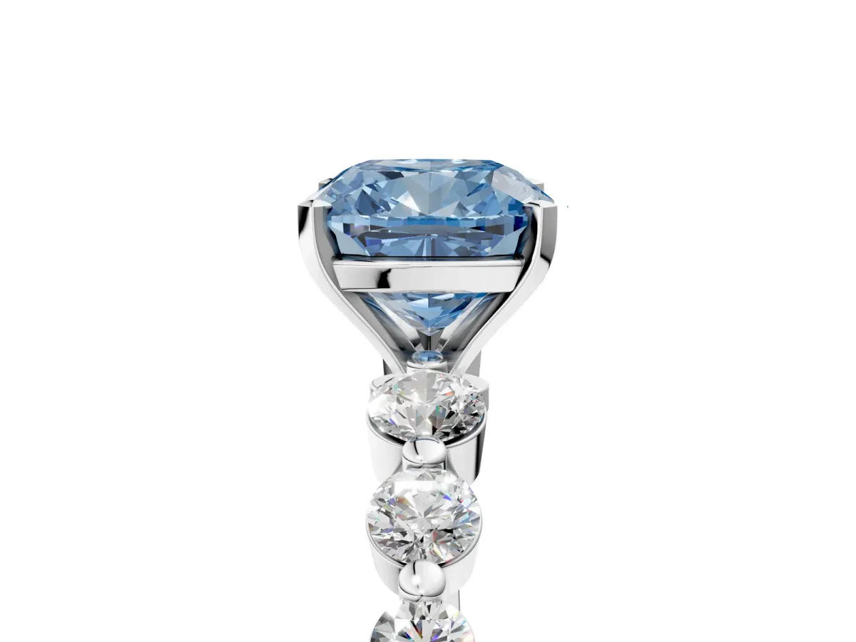 Fancy Blue Cushion Cut Solitaire Diamond Ring with Pave Band and Four-Prong Setting Silver