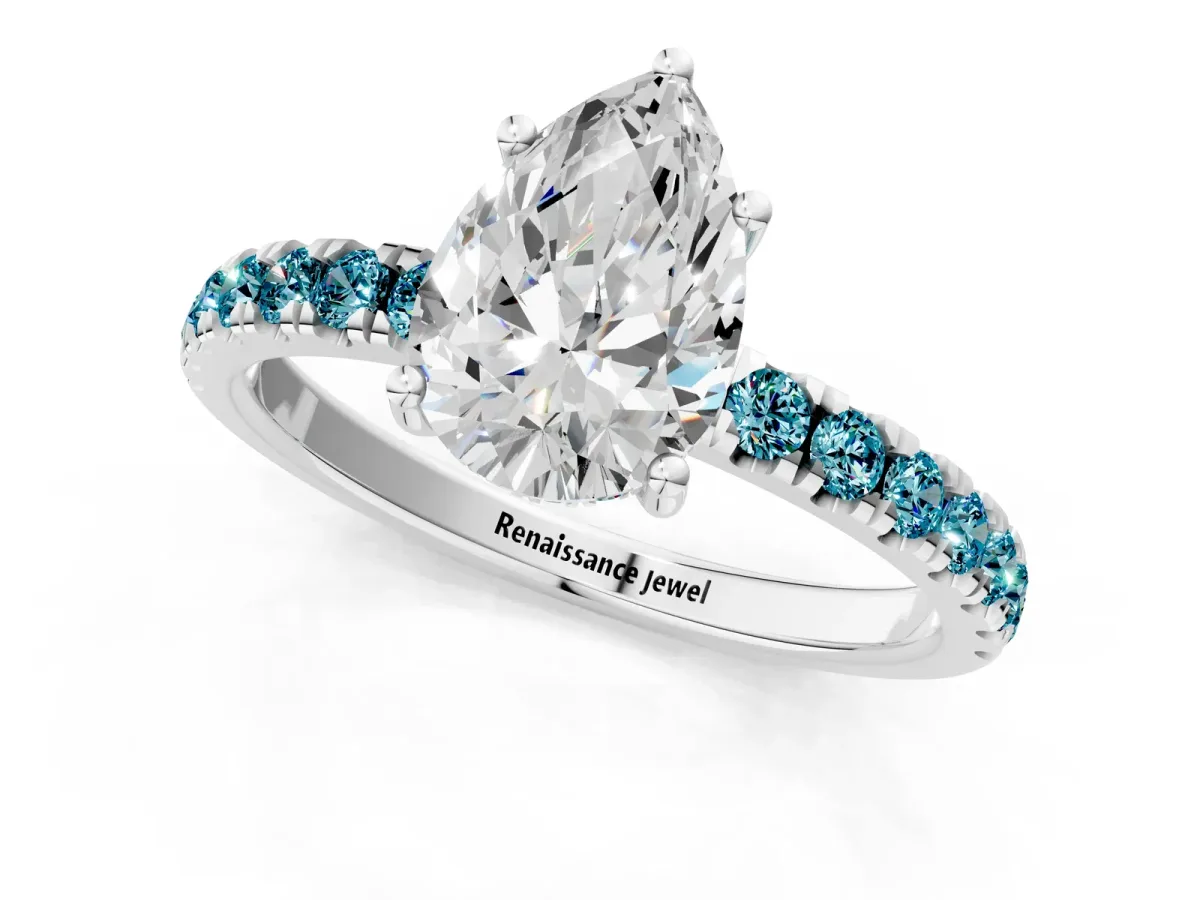 Pear Cut Diamond Pave Band Solitaire Ring with Round Blue Topaz and Prong Setting Silver