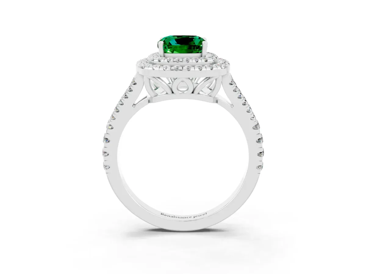 Cushion Cut Emerald Double Halo Ring with Pavé Band and Prong Setting Platinum
