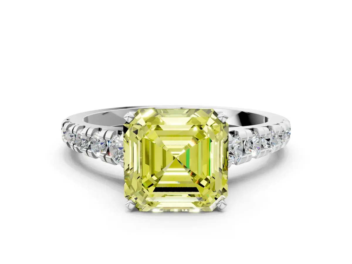 Fancy Yellow Asscher Cut Diamond Cathedral Solitaire Ring with Round Pavé Band Silver