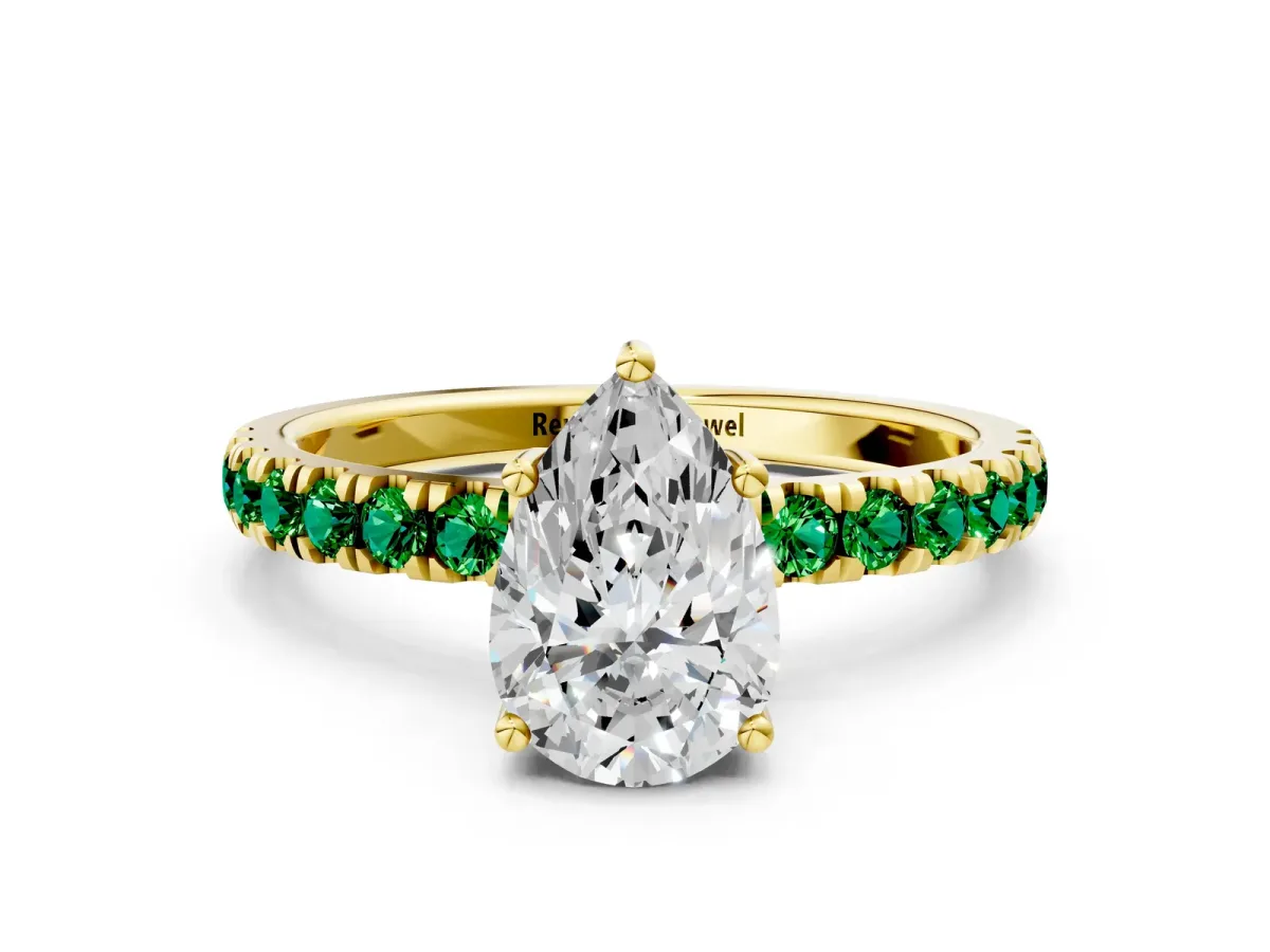 Pear Cut Diamond Pave Band Solitaire Ring with Round Emerald and Prong Setting Yellow gold