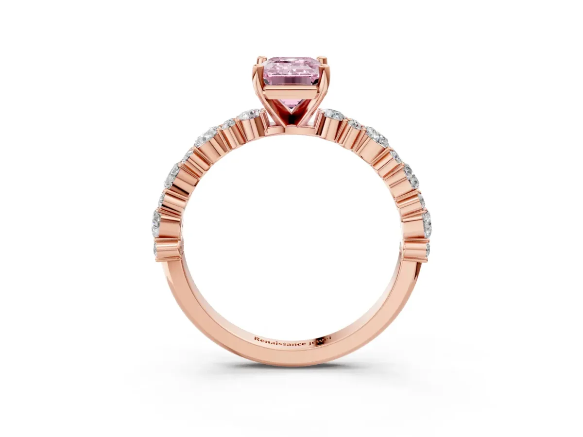 Fancy Pink Emerald Cut Diamond Side Stone Solitaire Ring with Round and Four-Prong Setting Rose gold