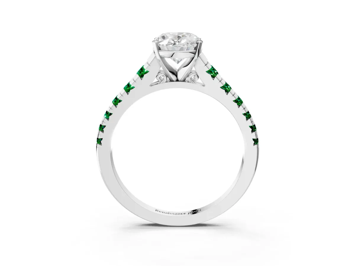 Oval Cut Diamond Cathedral Solitaire Ring with Round Emerald Pavé Band Silver
