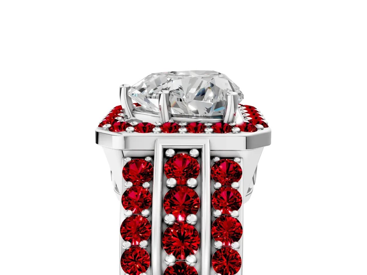 Heart Cut Halo Diamond Ring with Round Ruby Split Shank and Prong Setting Platinum