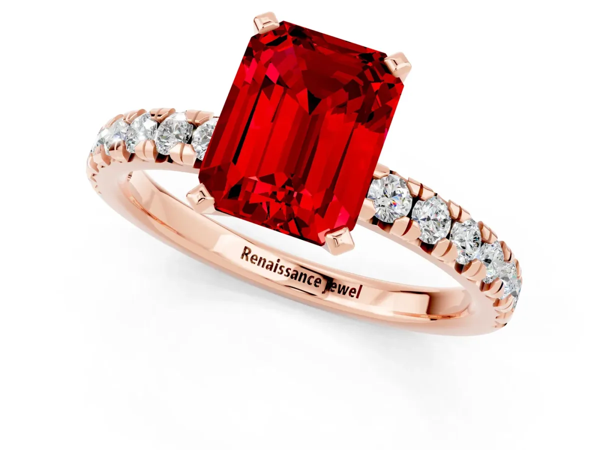 Emerald Cut Ruby Solitaire Pavé Engagement Ring with Round Band and Prong Setting Rose gold