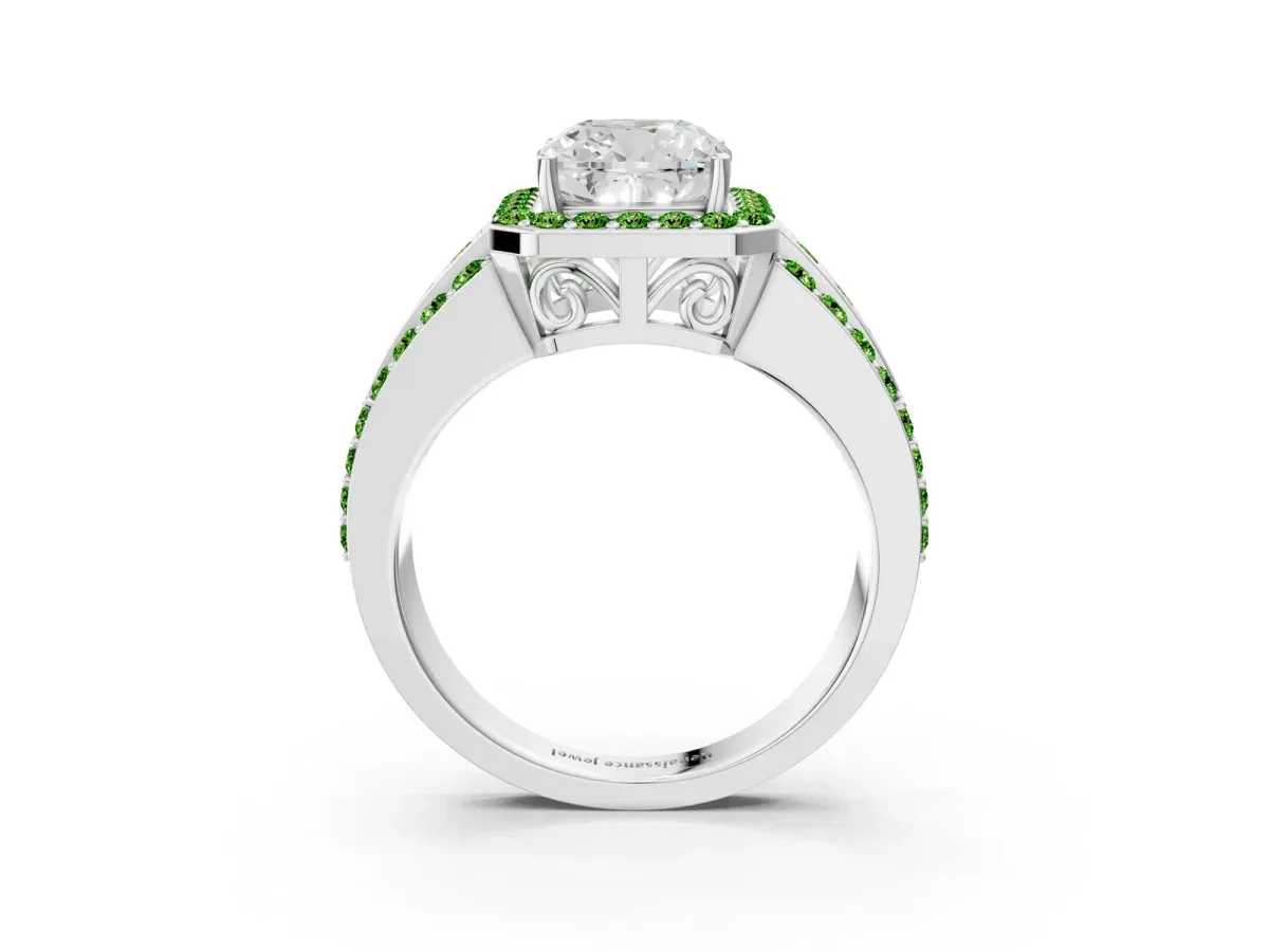 Cushion Cut Halo Diamond Ring with Round Peridot Split Shank and Prong Setting Silver