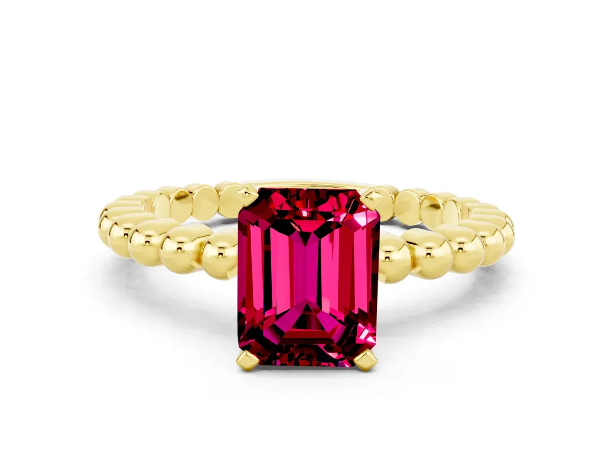 Emerald Cut Garnet Solitaire Ring with Beaded Band and Prong Setting Yellow gold